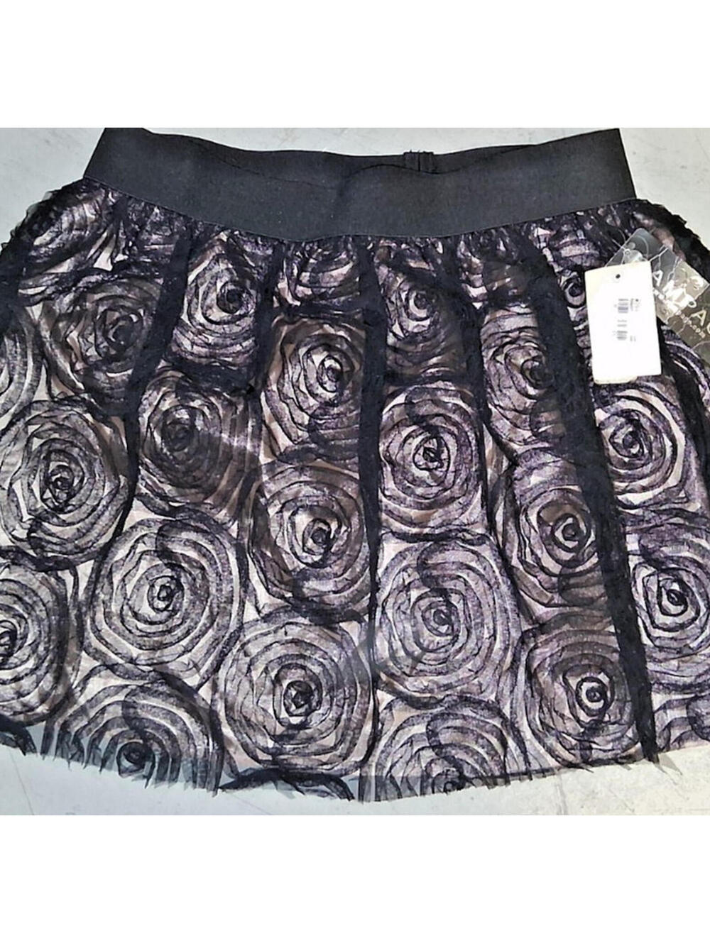New Rampage Pixie MINI SKIRT Black Floral 2 Layer Size LG Glam Goth Punk Princes
